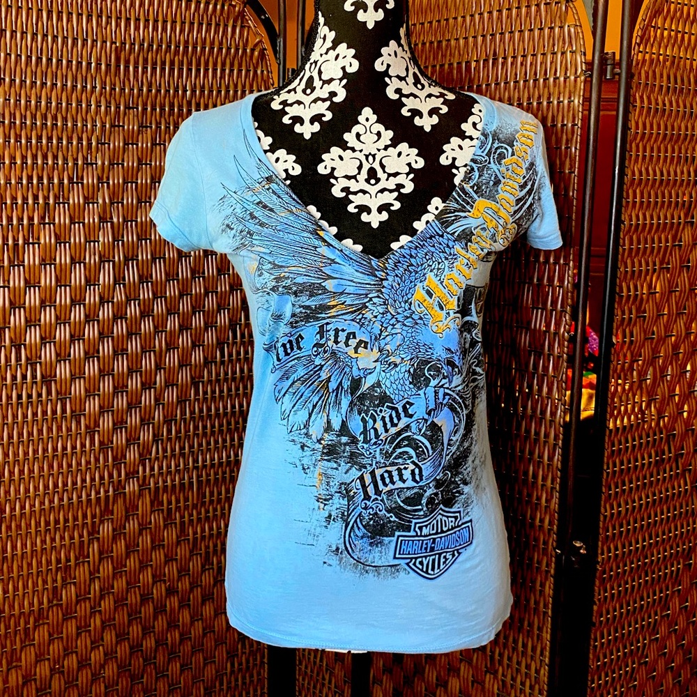 Harley Davidson blue short sleeve women’s size small top from Madison, WI